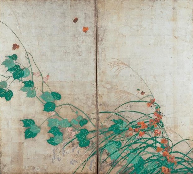 Хоицу 1761–1828. Летние и осенние травы. Парные двухстворчатые ширмы.
